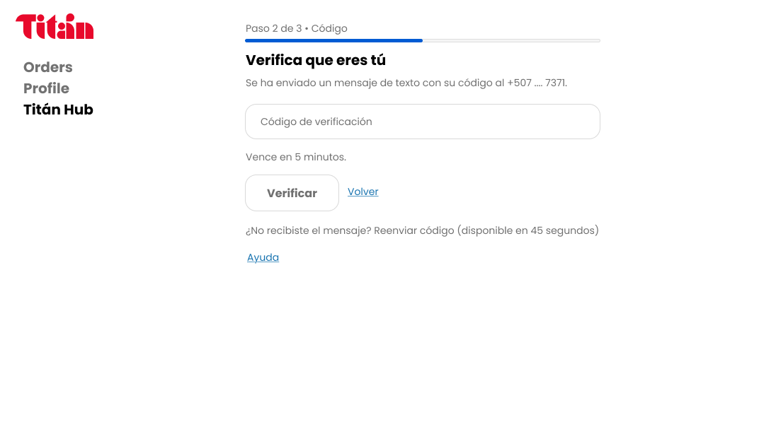 Mi Titán en escritorio: paso 2 de 3, verificación con el código enviado por SMS
