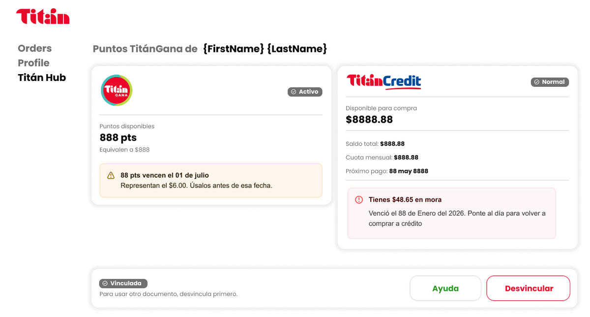 Panel de Mi Titán en escritorio: puntos de Titán Gana, crédito de TitánCredit, aviso de puntos por vencer y de pago pendiente, con datos de ejemplo